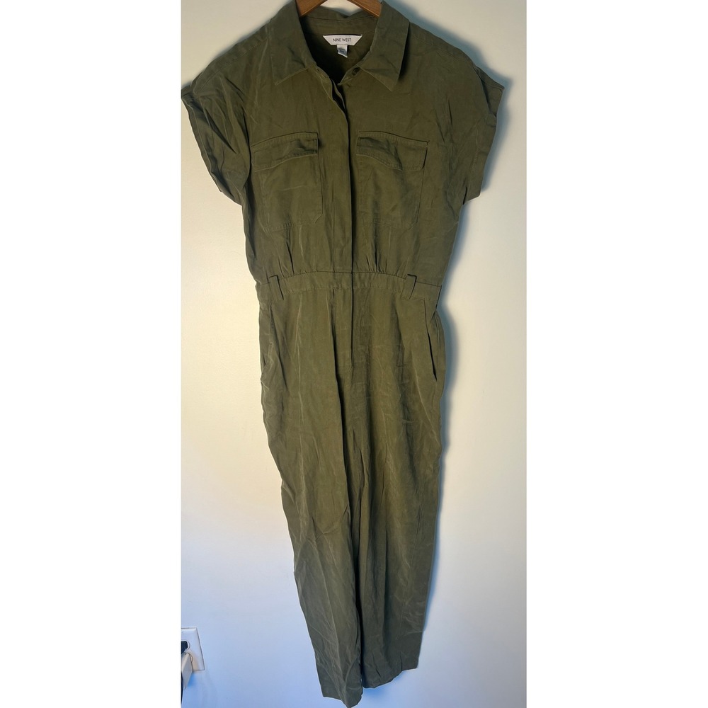 Nine West Jumpsuit Wm M Petite Olive Green Utility Short Sleeve Rayon Blend Gorp